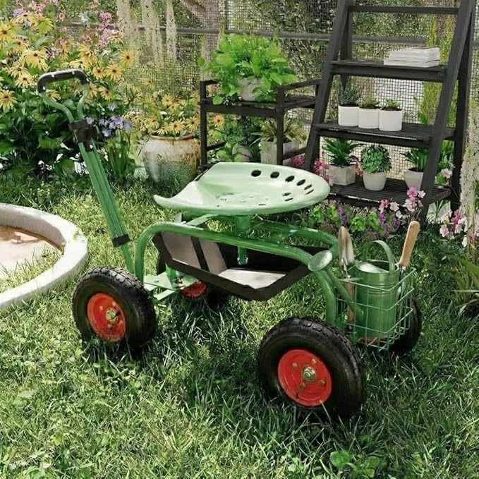Garvee Garden Cart Rolling Workseat with Wheels, Gardening Stool for Planting, 360 Degree Swivel Seat with Steering Handle & Utility Tool Tray, Use for Patio, Yard, and Outdoors, Green