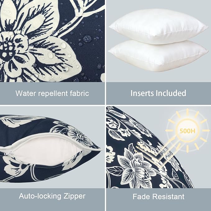LVTXIII Outdoor Throw Pillows 18x18 Patio Waterproof Square Pillows with Piping Fade Resistant Accent Pillow for Spring Summer Garden Decoration, Set of 2, Elegant Vines Navy