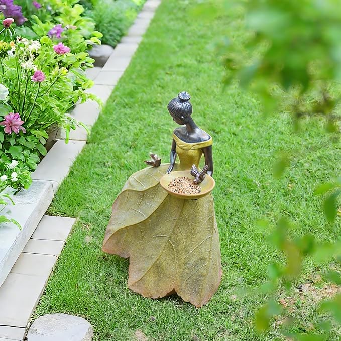 DiliComing Large Garden Fairy Statue Bird Feeder & Bird Bath - 23-Inch Resin Outdoor Yard Decor Angel Statue, Decorative Girl Sculpture for Garden, Lawn, Patio Yellow