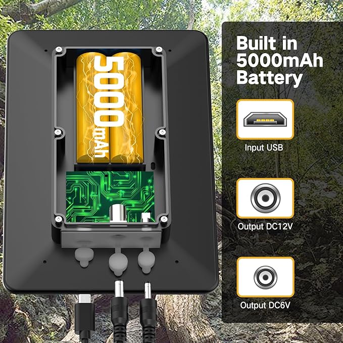 Solar Panel for Trail Camera, 5000mAh Rechargeable Battery Trail Camera Solar Panel for Continuous Charging of Trail Cameras (12V 1A & 6V 1.5A Output), IP66 Waterproof Best for Outdoor Use