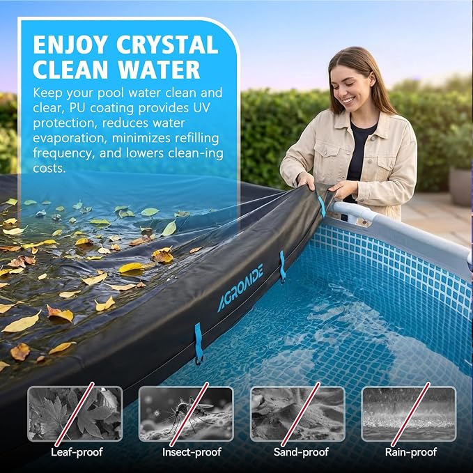 16 Foot Round Winter Pool Cover, 3-in-1 Super Windproof System, Upgraded Seamless Side Design with Fast Ratchet Tie Downs, 420D Oxford Fabric for Above Ground Pool - All Season Use