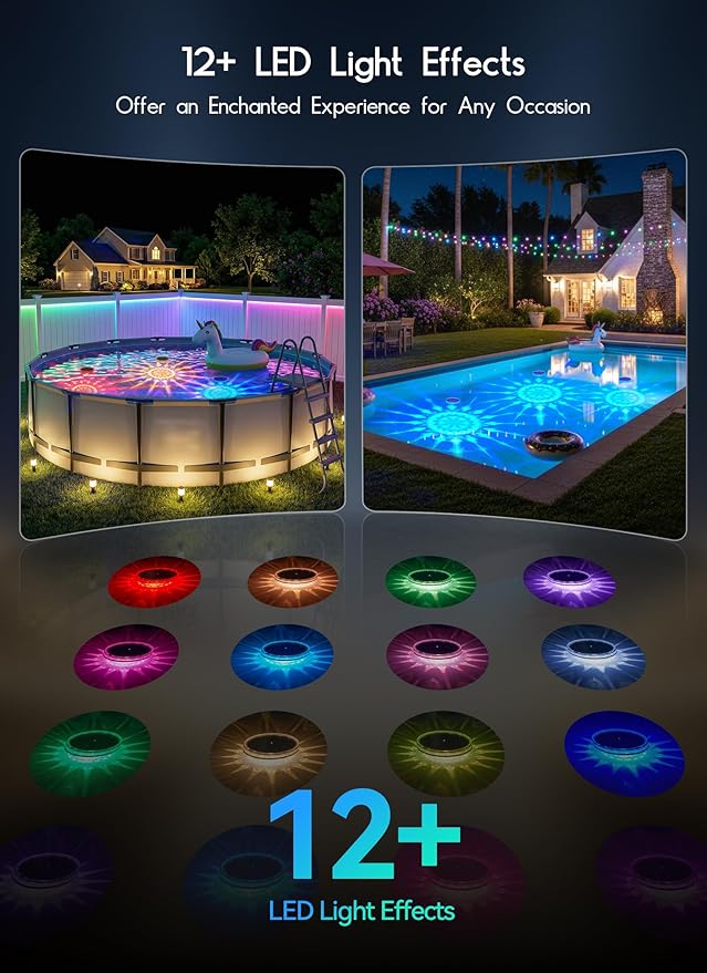 Floating Solar Pool Lights 4 Pack, RGBWW 12 Lighting Modes, 3 Dimming & Timing IP68 Waterproof with Remote Control, Solar Floating Pool Lights for Above Ground Pools Inground Pools Accessories Bathtub