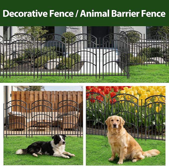8 Panels Decorative Garden Fence, 40in(H)×18Ft(L) Heavy Duty Metal Outdoor Dog Fence Rustproof Square Tube No Dig Animal Barrier Border Fencing for Temporary Yard Patio Landscape