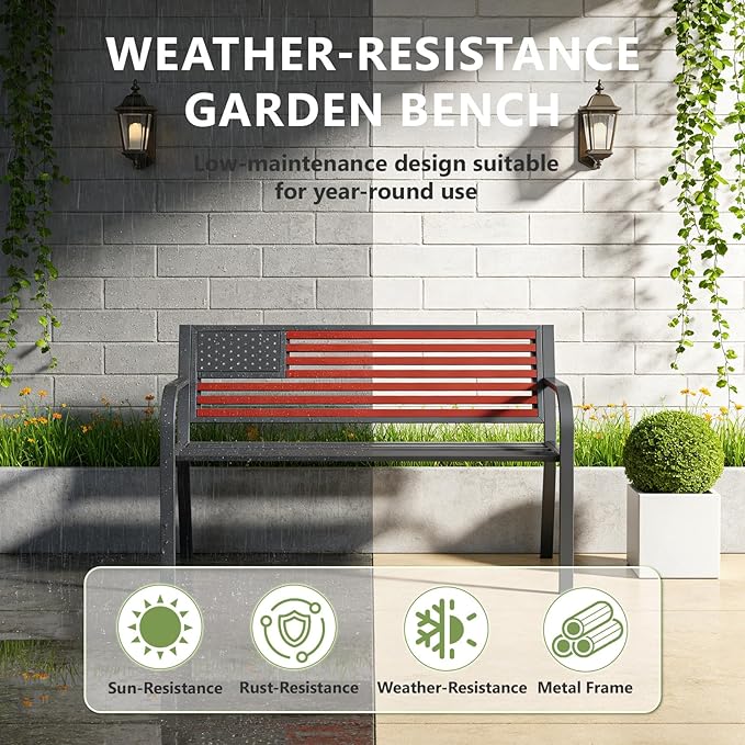 Outdoor Bench, Sturdy Metal Garden Bench with Classic Stars and Stripes Design Metal Backrest, 2-Person Patio Bench for Outside Seating, Cast Iron Steel Porch Yard Lawn Furniture, Red