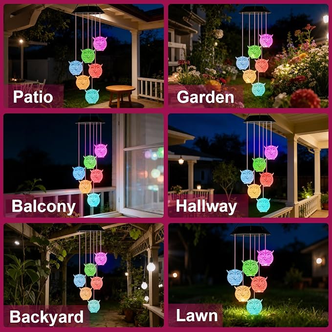 7-Color Light Changing Owl Solar Lights for Outside, Solar Lights Gifts for Father's Day, Solar Owl Wind Chimes Gifts for Women, Mom, Grandma, Garden Yard Lawn Outdoor Decor Mobiles