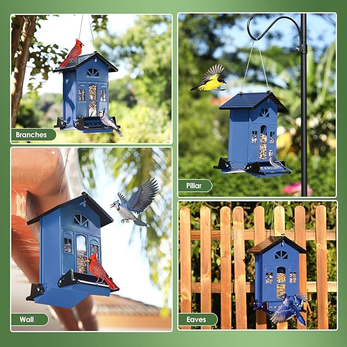 Birdkiss Bird Feeder Squirrel-Proof Outside: Country House Series for Hanging - Metal - 5LBs Seed - Weight-Activated for Outdoors - Large Capacity