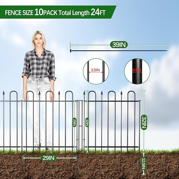 12.1ft(L) x 32.3in(H) 5 Panels Metal Decorative Garden Fence with Gate, No Dig Animal Barrier Fence, Garden Border Fence Panels with Ground Stake, for Pets, Flower Bed, Yard, Patio