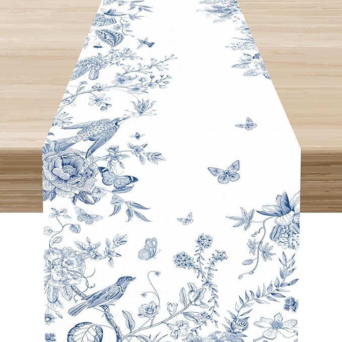 Blue Floral Table Runner, Retro Seasonal Watercolor Spring Wildfloral Flower Birds Boho Rustic Coffee Table Center Decor for Family Kitchen and Dining Farmhouse Party Table Decorations, 13"x108"