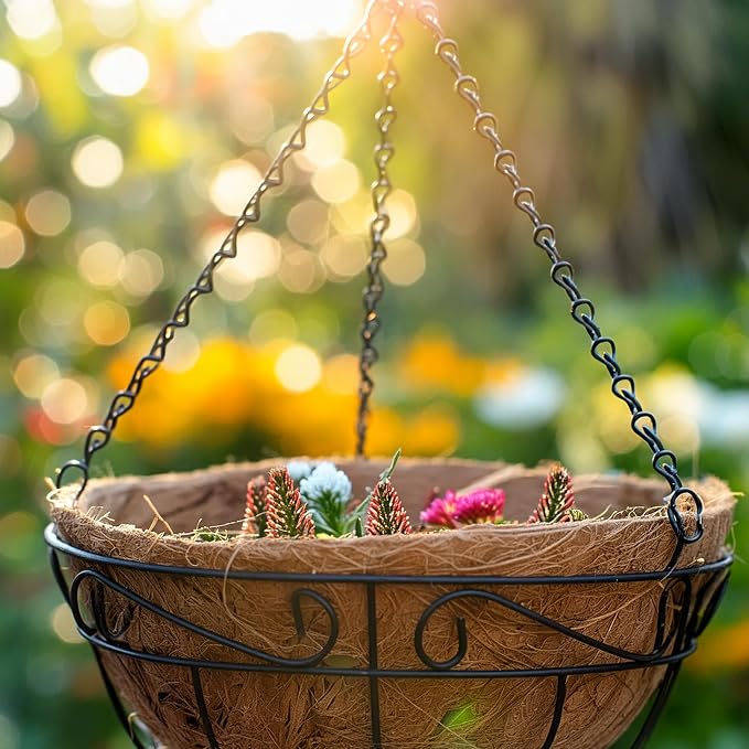 Ashman 16 Inch Metal Hanging Planter Basket with Coco Coir Liner Round Wire Plant Holder Chain Porch Decor Flower Pots Hanger Garden Decoration Indoor Outdoor Watering Hanging Baskets (4 Pack)