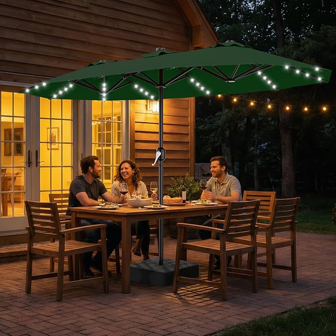 AreShark 13 FT Patio Umbrella with Solar Lights, Double-Sided Outdoor Table Umbrellas with Crank, Large Rectangular Market Umbrella for Porch, Lawn, Pool, Backyard, Dark Green