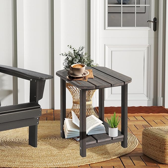 LZRS 2-Tier Patio Side Table, Heavy Duty HDPE Outdoor End Table with Wood Texture, Weatherproof Composite Table for Adirondack Chairs, Deck, Pool, Indoor/Outdoor, No Peeling Cracking(Brown Mixture)