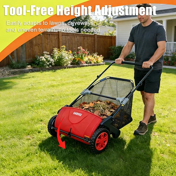 Garvee Push Lawn Sweeper 21-Inch Manual, Leaf Sweeper for Yard & Lawn with 3.5 Cu. Ft. Hopper Bag, Height-Adjustable Brushes for Driveways & Grass, Space-Saving Foldable Design