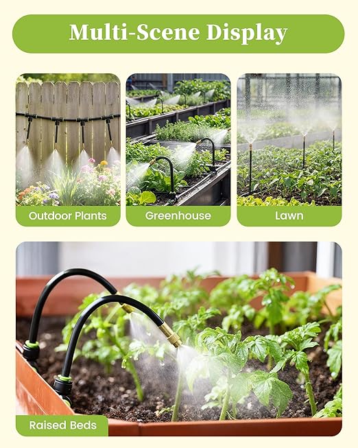 RAINPOINT 25FT Drip Irrigation System, Garden Watering Kit with 7pcs 360°Adjustable Copper Nozzles, Automatic Atomizing Watering Sprinkler System for Greenhouse, Lawn, Raised Beds, Outdoor Plants