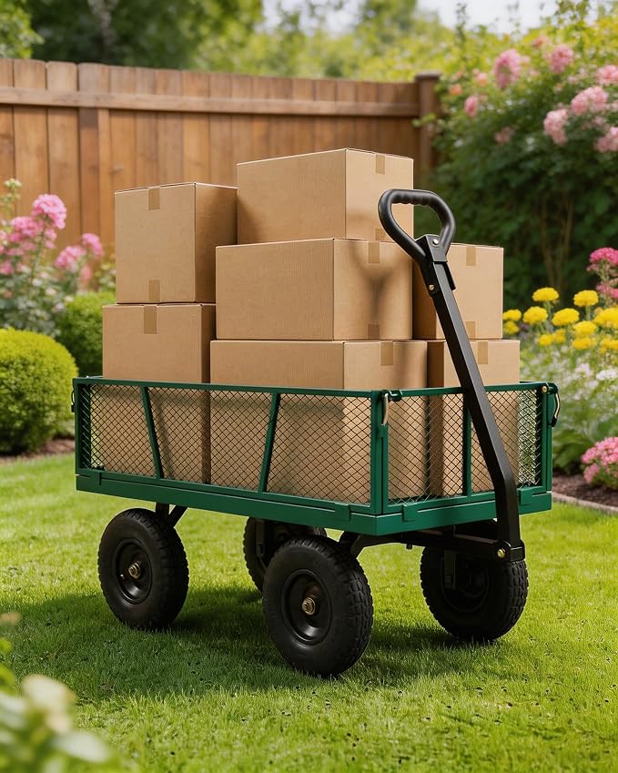 GarveeTech 400LBS Heavy Duty Steel Garden Cart, Garden Wagon Cart on Wheels, Metal Yard Utility Wagon with Removable Mesh Sides, 10" All Terrain Tires, 180° Rotating Handle for Lawn, Garden, Farm