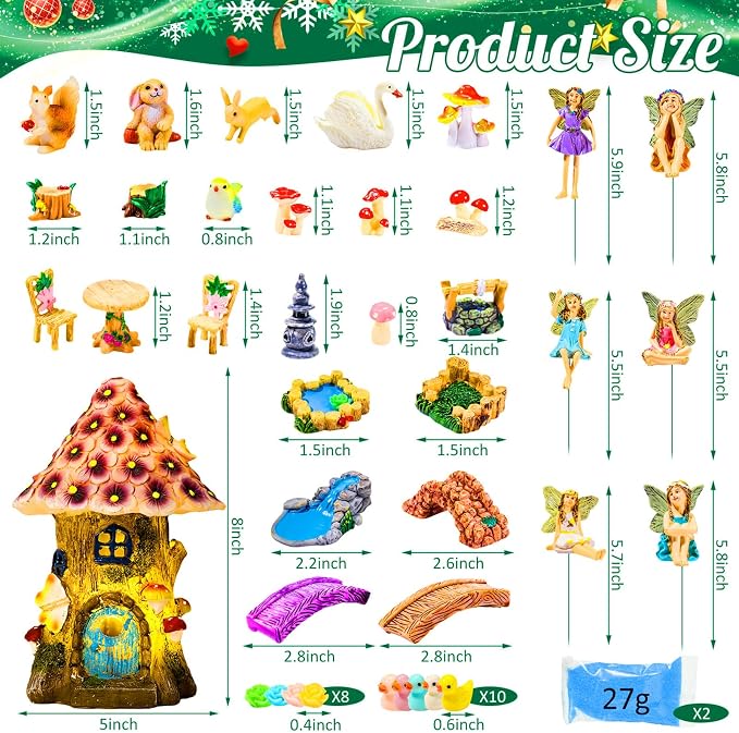 Poen 8'' Solar Light up Fairy House Garden 6-8 Fairy Figures Garden Accessories Kit Animals Doll House Decor Outdoor Micro Landscape Ornaments(Purple)