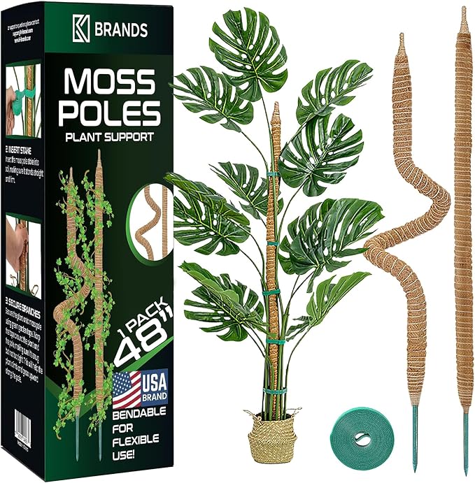 K-Brands 48'' Bendable Moss Pole Monstera Plant Support - Coconut Palm Fiber - Brown - Rectangular - Climbing Plant Support Structure