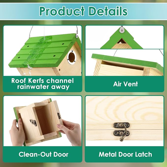 Dreyoo 2 Pack Wren House, 1-1/8'' Entrance Hole Hanging Wooden Wren Bird Houses for Outside with Metal Guard, Air Vents, Pine Wood for Chickadees (Green,Wood Color)