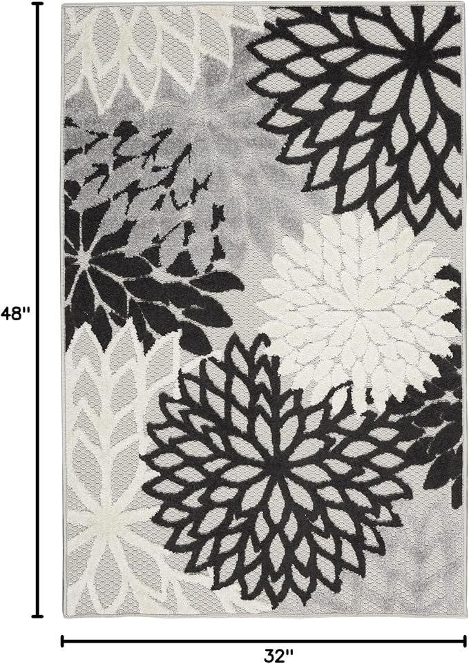 Nourison Home Aloha Indoor/Outdoor Black White 2'8" x 4' Area Rug, Tropical, Botanical, Easy Cleaning, Non Shedding, Bed Room, Living Room, Dining Room, Deck, Backyard, Patio (3x4)