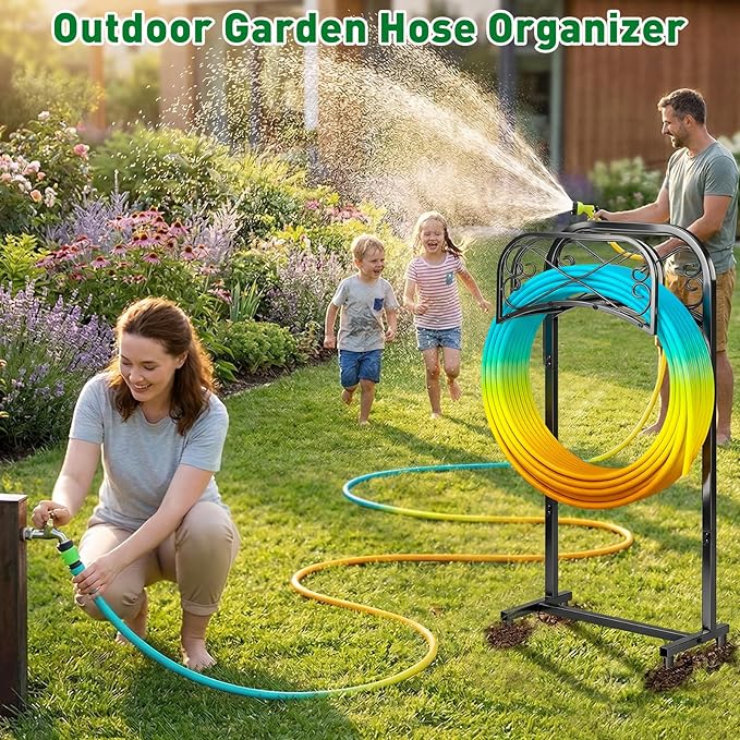 Gtongoko Garden Hose Holder for Outside 43 In With Upgrade 4 Prongs Base Detachable Metal Water Hose Holder Freestanding Heavy Duty Organizer Holds 150FT Stand Hanger for Outdoor Yard Black