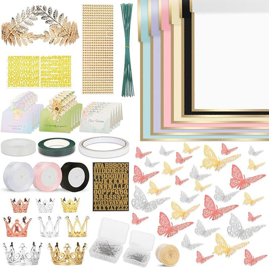 260Pcs Flower Bouquet Wrapping Paper Kit, 60 Sheets Waterproof Paper, 36 Butterflies, 8 Crowns, 1 Headband, 4 Ribbons, 15 Cards, 100 Diamond Pins, 30 Floral Wire, 3 Stickers, 3 Tapes (6 Mix Colors)