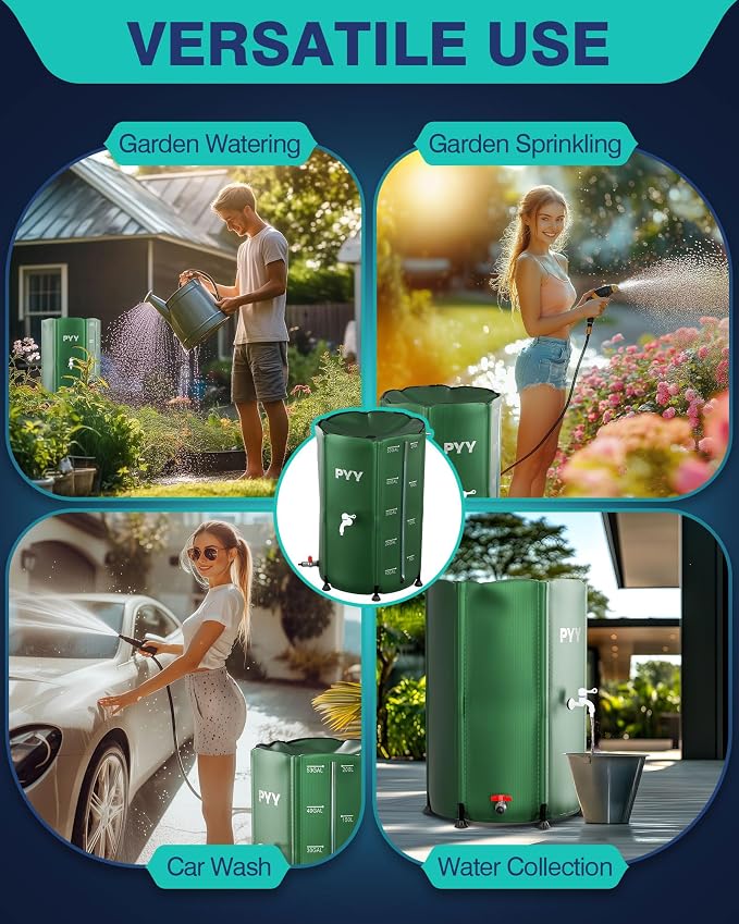 PYY Rain Water Collection Barrel - 53 Gallon Green Large Water Storage Tank with Spigot, Hose and Portable Bucket, Plastic Collapsible Rain Catcher Catchment System to Collect Rainwater from Gutter