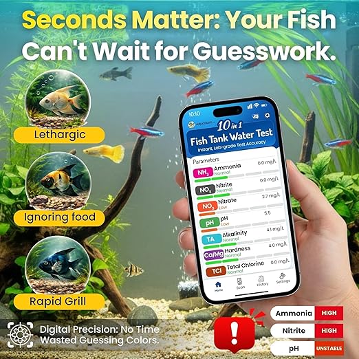 Digital Aquarium Water Test Kit, App-Enabled 10-in-1 Freshwater & Saltwater Aquarium Test Strips for Fish Tanks, Shrimp, Reef Test Strips, pH, Ammonia, Nitrate, Nitrite, GH, KH, Chlorine