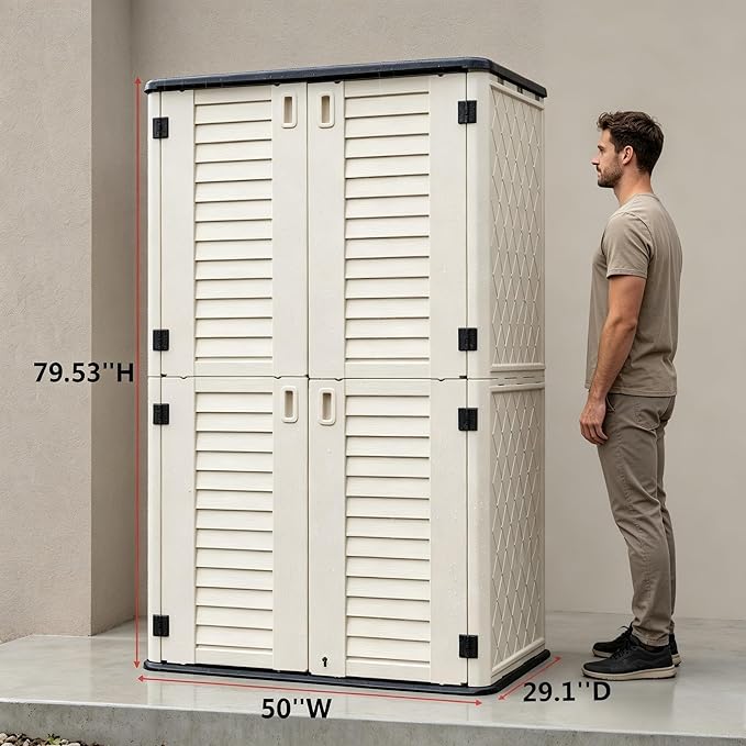 Outdoor Storage Shed 66 cu.ft, Waterproof Resin Vertical Cabinet Double-Layer for Patio Furniture, Garden Tools, Lawn Mower, Pool Accessories, UV Resistant for Yard Balcony – Shelves Not Included