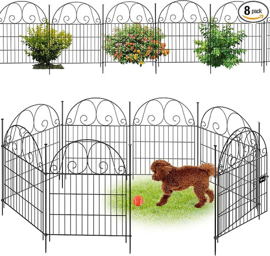 8 Pannels Garden Fence Animal Barrier,Decorative Garden Fence with Gate, No Dig Fencing for Yard,32in(H),Total Length 17.5Ft，Arched Metal Fence Panels,Rustproof Black