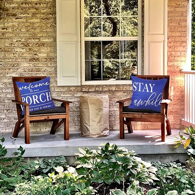TAJWE Dark Blue Outdoor Pillow Covers Waterproof 18x18 Set of 2 Decorative Welcome to Our Porch Stay Awhile Cushion Cases for Patio Furniture Sofa Couch Decor