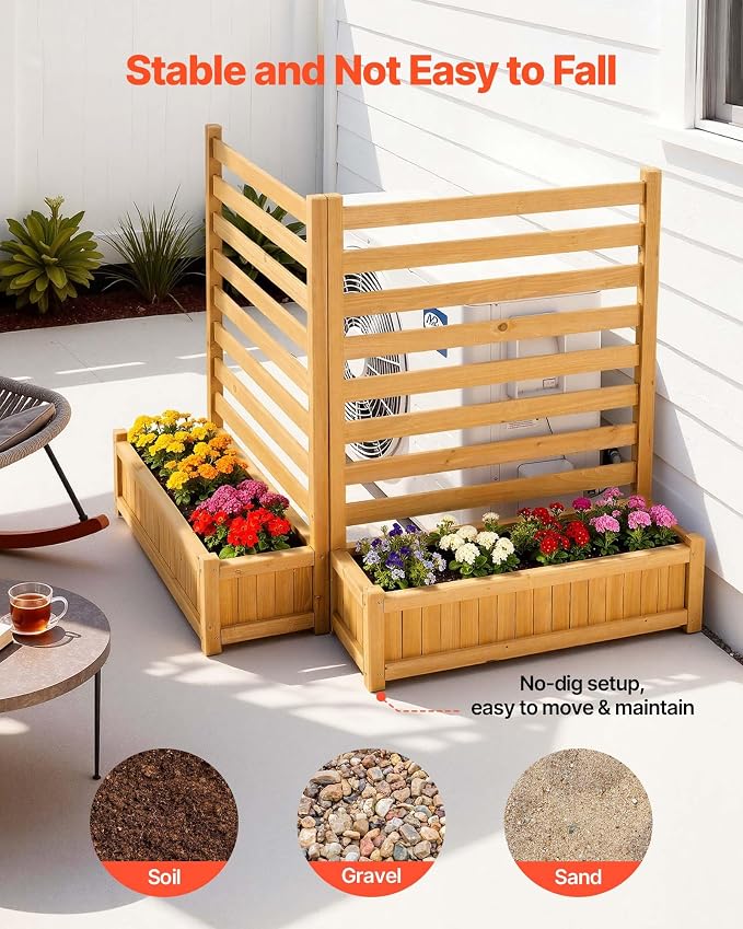 VEVOR Wooden Privacy Fence, 36 x 45 inch Air Conditioner Fence, 2 Slatted Panel Solid Outdoor Wood Privacy Screen with 2 Planters, Metal Stakes, Trash Can Hider Fences Suitable for Garden, Pool