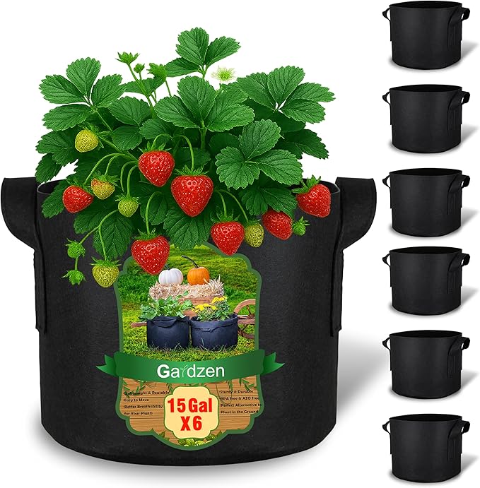 Gardzen 15 Gallon Grow Bags 6-Pack, 500G Thick Nonwoven Fabric Pots with Waterproof Liner & Breathable Bottom, for Hot Dry Climates