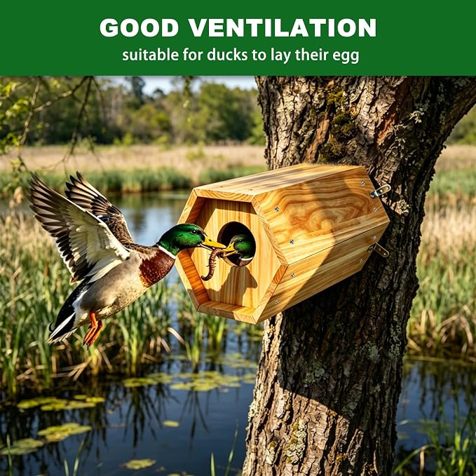 Mallard Nesting Box, Wood Duck House for Outdoor Hexagonal Large Duck House with Dual Entrances for Ponds, Wetlands, Backyards 19.7 X 10.2 X 10.2 Inches