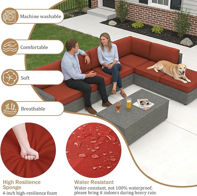 14 Piece Outdoor Furniture Replacement Cushions, Cover+Filling, 25.6" x 25.6" x 4" Foam Waterproof Outdoor Sofa Cushion Sets, Fit Wicker Rattan Sectional Conversation Set,Brick Red