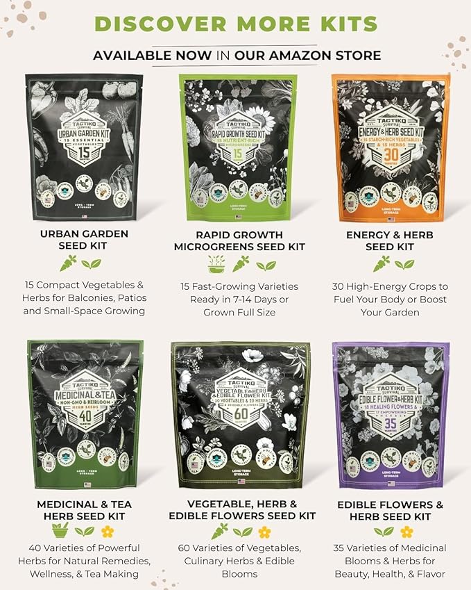 50 Tactiko Survival Vegetable, Herb & Fruit Seed Kit - U.S.A. Harvested Varieties - 37,000+ Non-GMO Heirloom Seeds - Emergency Seed Vault in Waterproof Mylar Bag - Long-Term Storage
