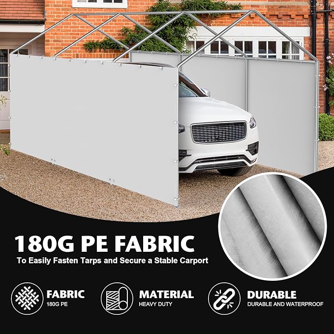 Carport Replacement Canopy Sidewall 20x6.6FT Fits 10x20,12x20,13x20,20x20FT Carport, Waterproof & UV Protected, with Ball Bungees (Only Sidewall, Frame Not Include) (White, Sidewall 1 Pack)