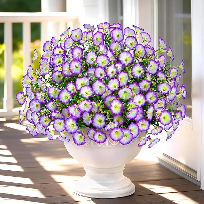 Yastouay Artificial Flowers for Outdoors, 26 Bundles Fake Outdoor Flowers, UV Resistant Artificial Plants & Flowers for Decoration, Purple/White Realistic Morning Glory for Outdoor Porch Garden