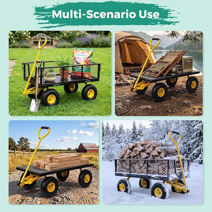 SUNNYFEEL 900 LBS Heavy Duty Steel Garden Cart, Utility Garden Wagon Cart with 10" Flat-Free Wheels and Removable Sides, All Season Yard Cart with 180° Adjustable Handle