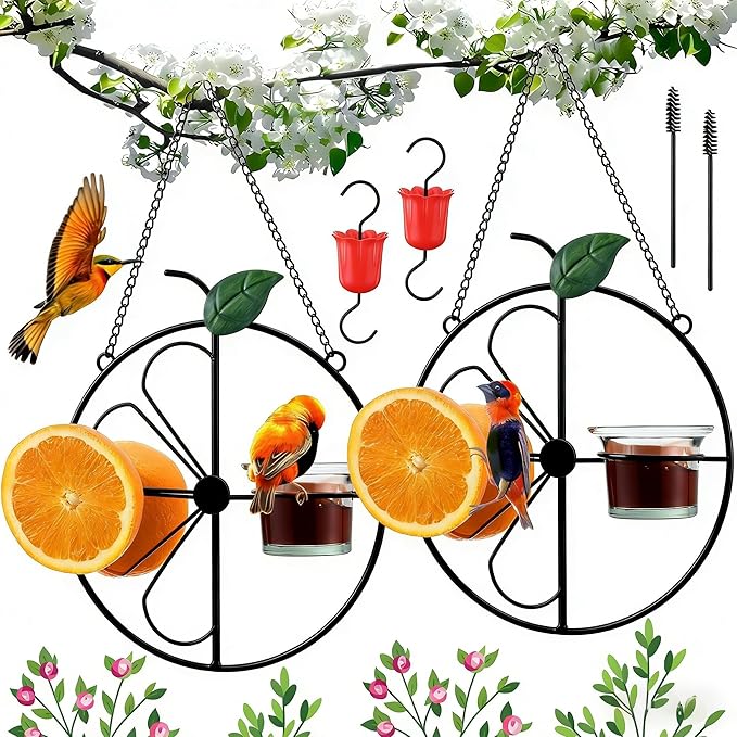 Baltimore Oriole Bird Feeder for Outdoors Oriole Feeder with Ant Moat & Glass Bowl & Ant Moat & Cleaning Brush, Metal Hanging for Jelly, Nectar, Mealworms & Orange Halves (Black,2 Pack)