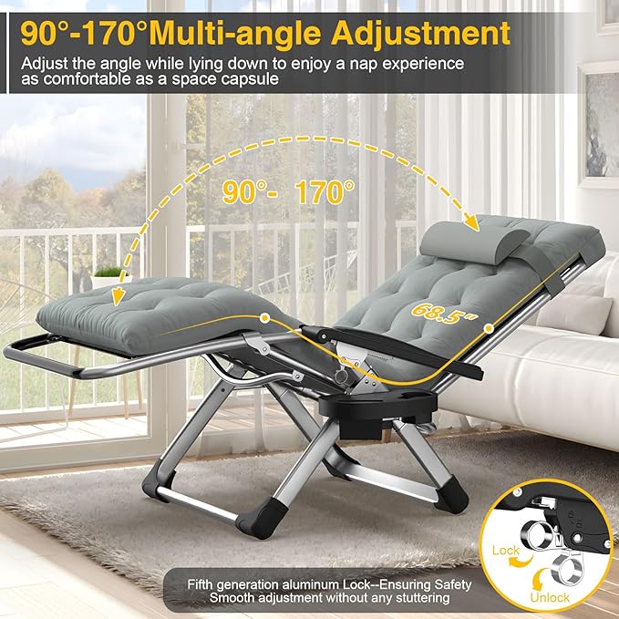 Suteck Zero Gravity Chair, Reclining Camping Lounge Chair with Aluminum Alloy Lock, Folding Patio Recliner w/Removable Pad, Adjustable Headrest and Side Tray for Outdoor Patio, Lawn, and Camping