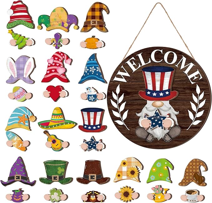 Qunclay Interchangeable Wooden Gnome Decor Holiday Seasonal Gnome Decorations with Magnet Pieces and Detachable Hats Changeable Welcome Sign for Home(Brown)