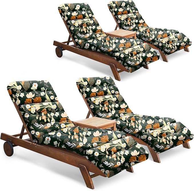 Outdoor Chaise Lounge Chair Cushion Set of 4, Waterproof 74.4 x 22 x 4.7 Inches Memory Foam Thickened Lounge Chair Cushions Replacement for Outdoor Furniture with Ties, Green Floral