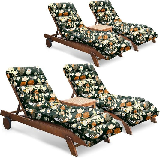 Outdoor Chaise Lounge Chair Cushion Set of 4, Waterproof 74.4 x 22 x 4.7 Inches Memory Foam Thickened Lounge Chair Cushions Replacement for Outdoor Furniture with Ties, Green Floral