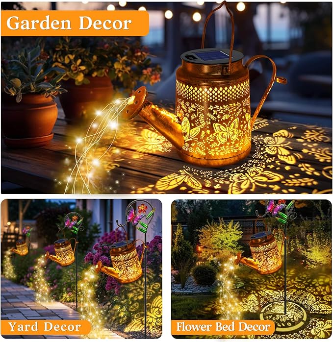 Solar Butterfly Watering Can Lights, Gifts for Mom Grandma Women Wife Daughter Mother's Day, Waterproof Hanging Lantern Lights with Shepherd Hook, Outdoor Decor for Garden Patio Yard Porch Backyard