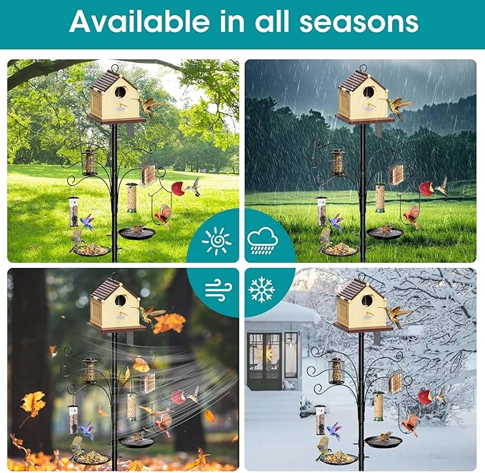 108 Inch Bird Feeder Pole Squirrel Proof, Heavy Duty Bird House Pole, Adjustable Bird Feeder Stand with 5 Shepherds Hooks, 2 Mental Trays, Hummingbird Swing