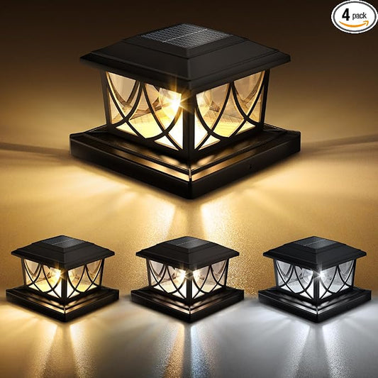 NIORSUN Solar Post Lights Outdoor, Fence Post Solar Lights with 3 Color Temps &2 Brightnesses, Edison LED Bulbs Fence Deck Decor, 4x4 Posts Caps, 4x4 &5x5 Vinyl, 4x4 &6x6 Wooden (4 Pack,Black)