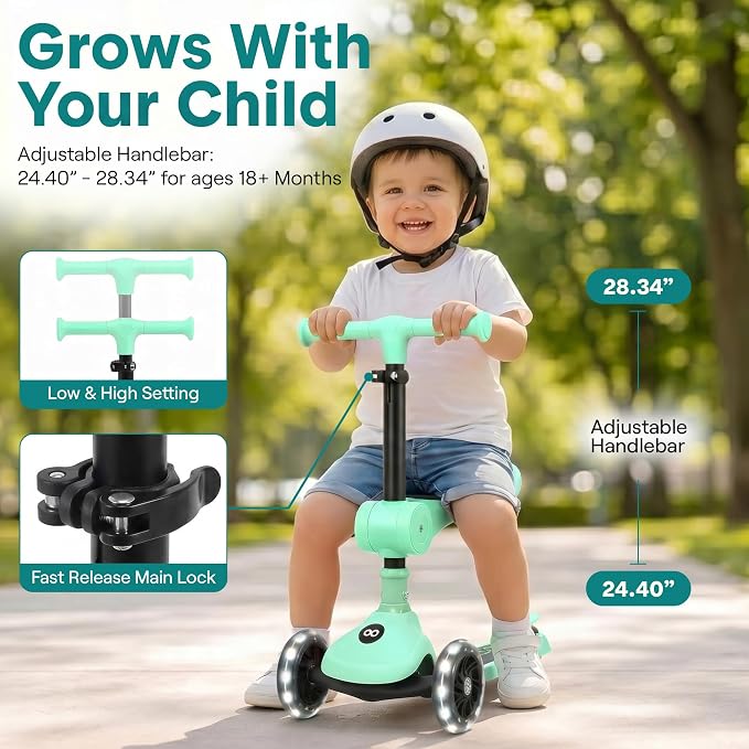 SereneLife 3 Wheel Scooter for Toddlers & Kids, Foldable Seat, LED Wheels, Adjustable Handlebar, Anti-Slip Deck, Rear Foot Brake, Lean-to-Steer, Kid Scooter, Supports up to 110 lbs (Mint Green)