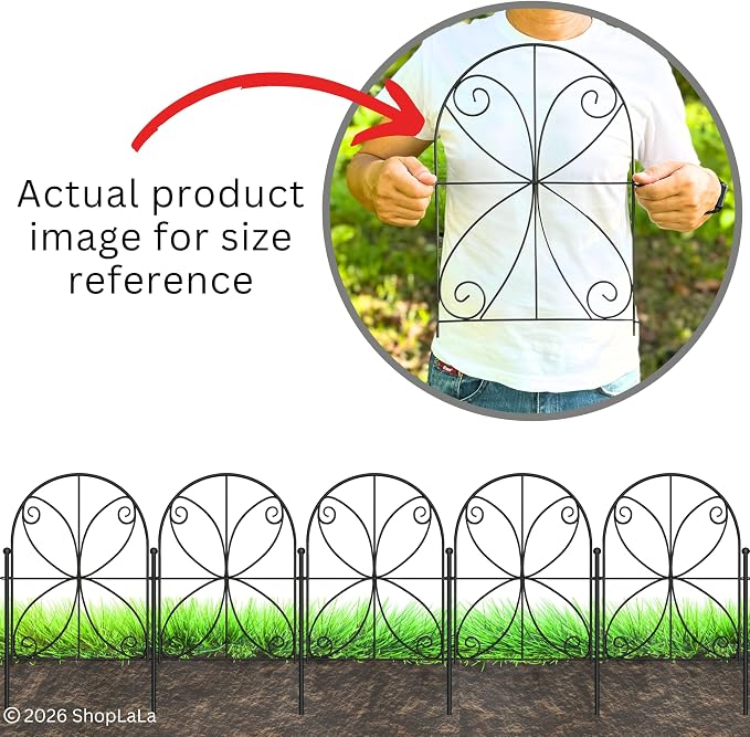 ShopLaLa Decorative Garden Fence (20 Panels) 12.5in(L) x 16.5in(H) Rustproof Black Metal Wire, Animal Barrier Fences for Dogs, Flower Bed Edging Landscape Border Yard Patio Butterfly Outdoor Decor