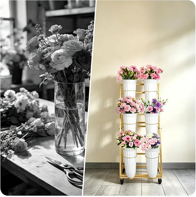 3FT Flower Display Stand with 6 Buckets,Metal Flower Bar Stand with Wheels,3 Layers Moving Florist Bouquet Shelf for Indoor Outdoor Garden,Flower Shop,Wedding,Party Decor (GOLD)