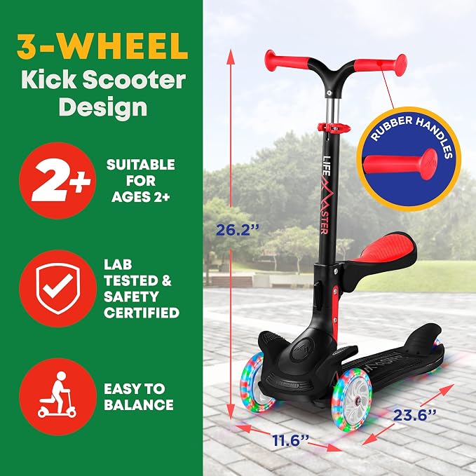 3 Wheel Scooter for Kids with Foldable Seat, Adjustable Handlebar Height, Lean-to-Steer Ride On Toy for Kids Ages 2+, Light-Up LED Wheels, Wide Anti Slip Deck, Indoor & Outdoor Use