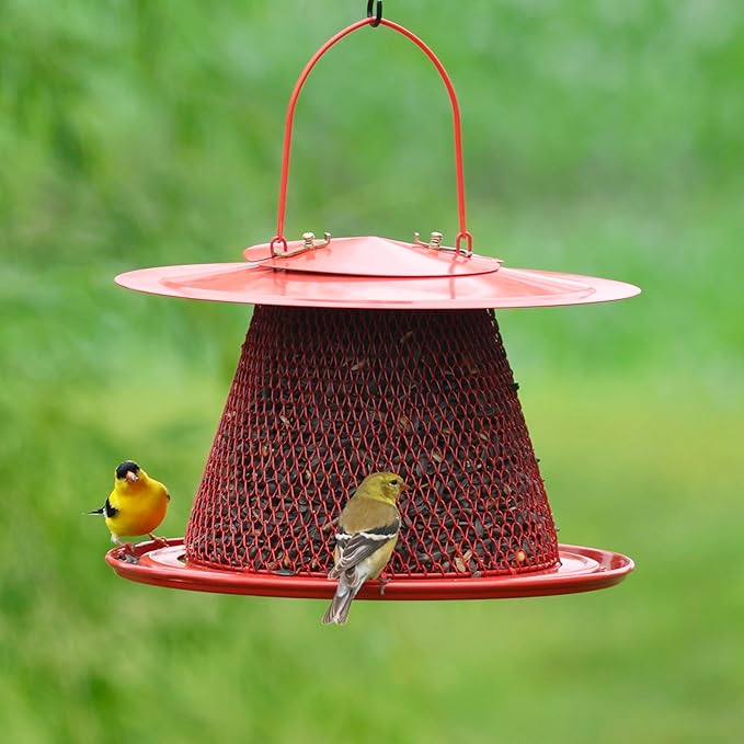Collapsible Metal Mesh Bird Feeder with Tray - Red Cardinal Bird Feeder - Holds 12 Cups of Sunflower Seeds